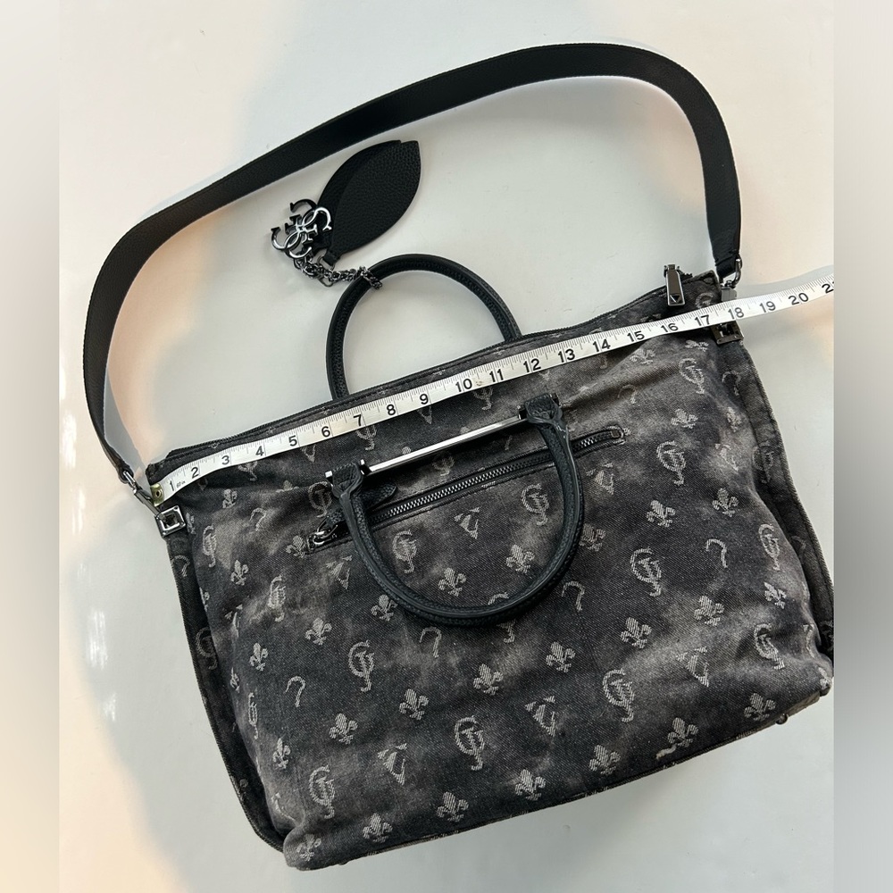 GUESS RARE BLACK DENIM LOGO BAG WITH LEATHER HANDLES & SHOULDER STRAP BRAND NEW